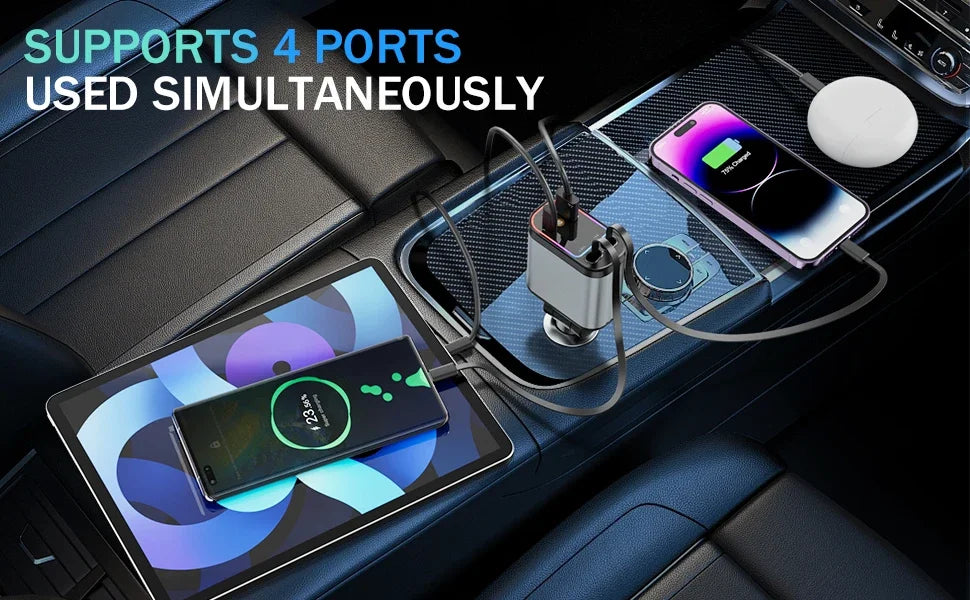 Retractable Car Charger with Starlight Type-C 120W Car Charger Adapter 4 in 1 Car Phone Charger with 2 USB Ports Star Top Light