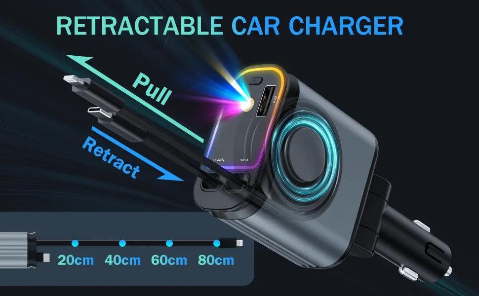 Retractable Car Charger with Starlight Type-C 120W Car Charger Adapter 4 in 1 Car Phone Charger with 2 USB Ports Star Top Light