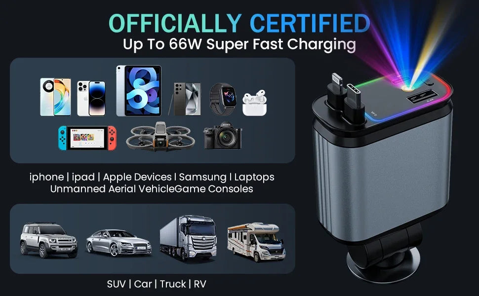 Retractable Car Charger with Starlight Type-C 120W Car Charger Adapter 4 in 1 Car Phone Charger with 2 USB Ports Star Top Light