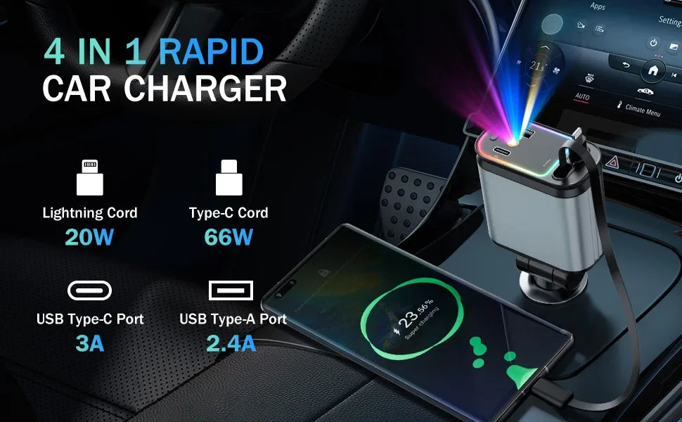 Retractable Car Charger with Starlight Type-C 120W Car Charger Adapter 4 in 1 Car Phone Charger with 2 USB Ports Star Top Light